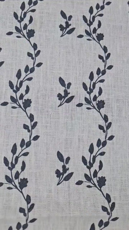 100% LINEN Fabric Striped floral indigo blue  - block print vinesprint for upholstery curtains dress making 2642