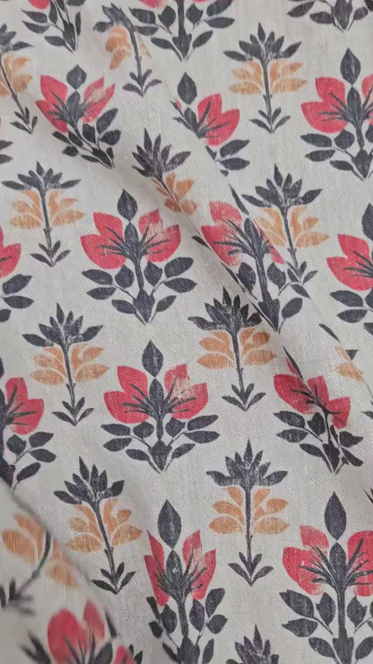 100% LINEN Fabric block print black red on grey | oatmeal linen fabric with floral print | linen fabric for upholstery home decor  2002