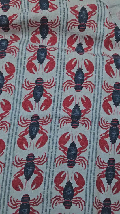 100% LINEN Fabric LOBSTER stripe print - linen fabric with  coastal print for upholstery home decor or medium for dress making 2535