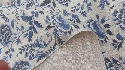 100% LINEN Fabric indigo blue on oatmeal natur linen, white botanical chinoiser fabric, French linen floral